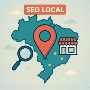 Ilustração mostrando um mapa com um negócio local em destaque sendo encontrado por clientes próximos graças à estratégia de SEO Local.