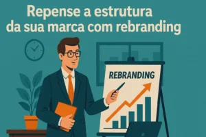 Empresário apresentando projeto de rebranding em escritório moderno com gráfico de crescimento