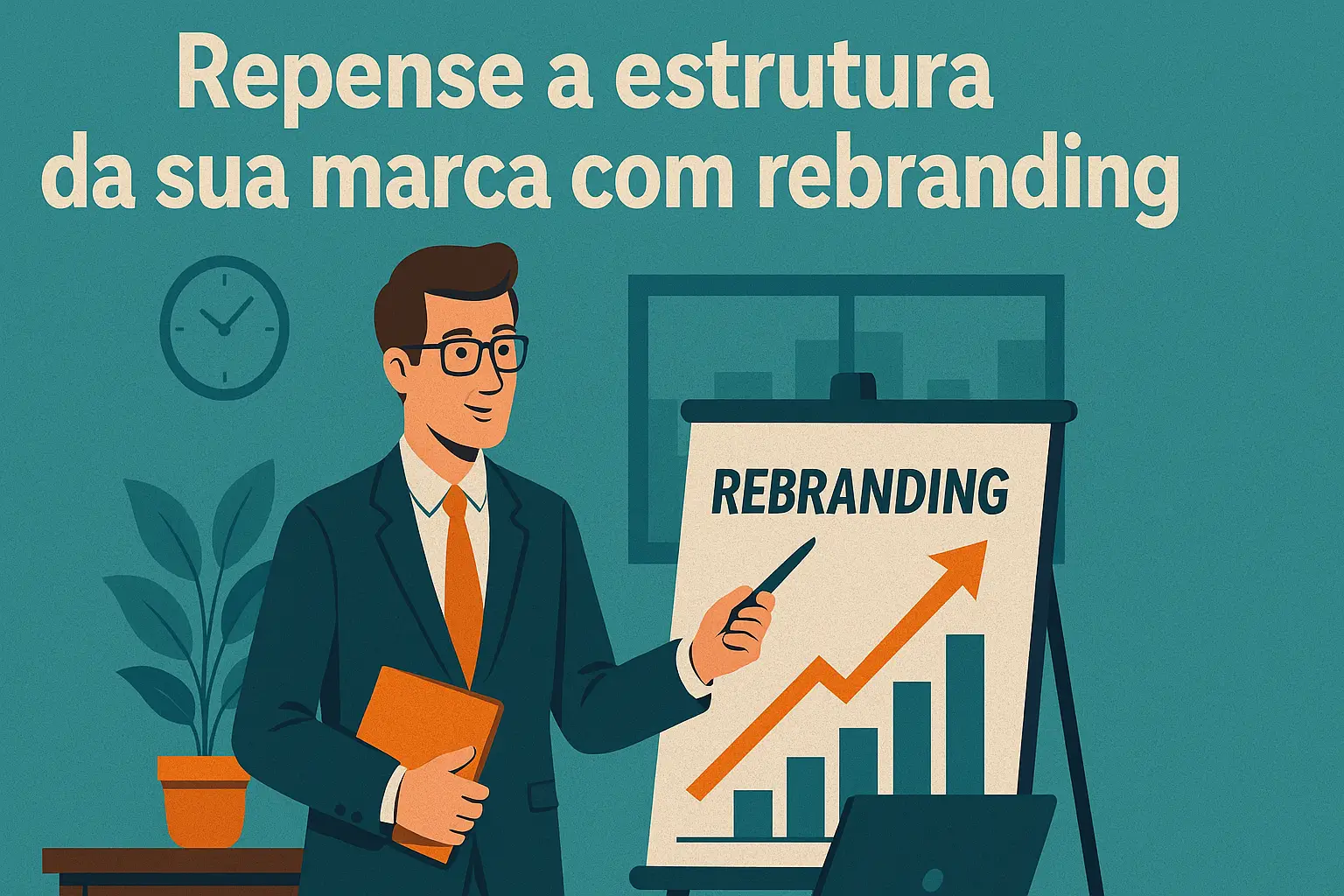 Empresário apresentando projeto de rebranding em escritório moderno com gráfico de crescimento