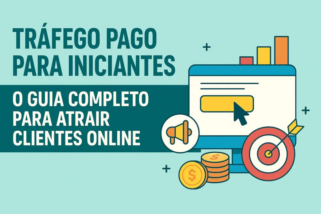 Ilustração de tráfego pago para iniciantes, mostrando um guia completo para atrair clientes online.
