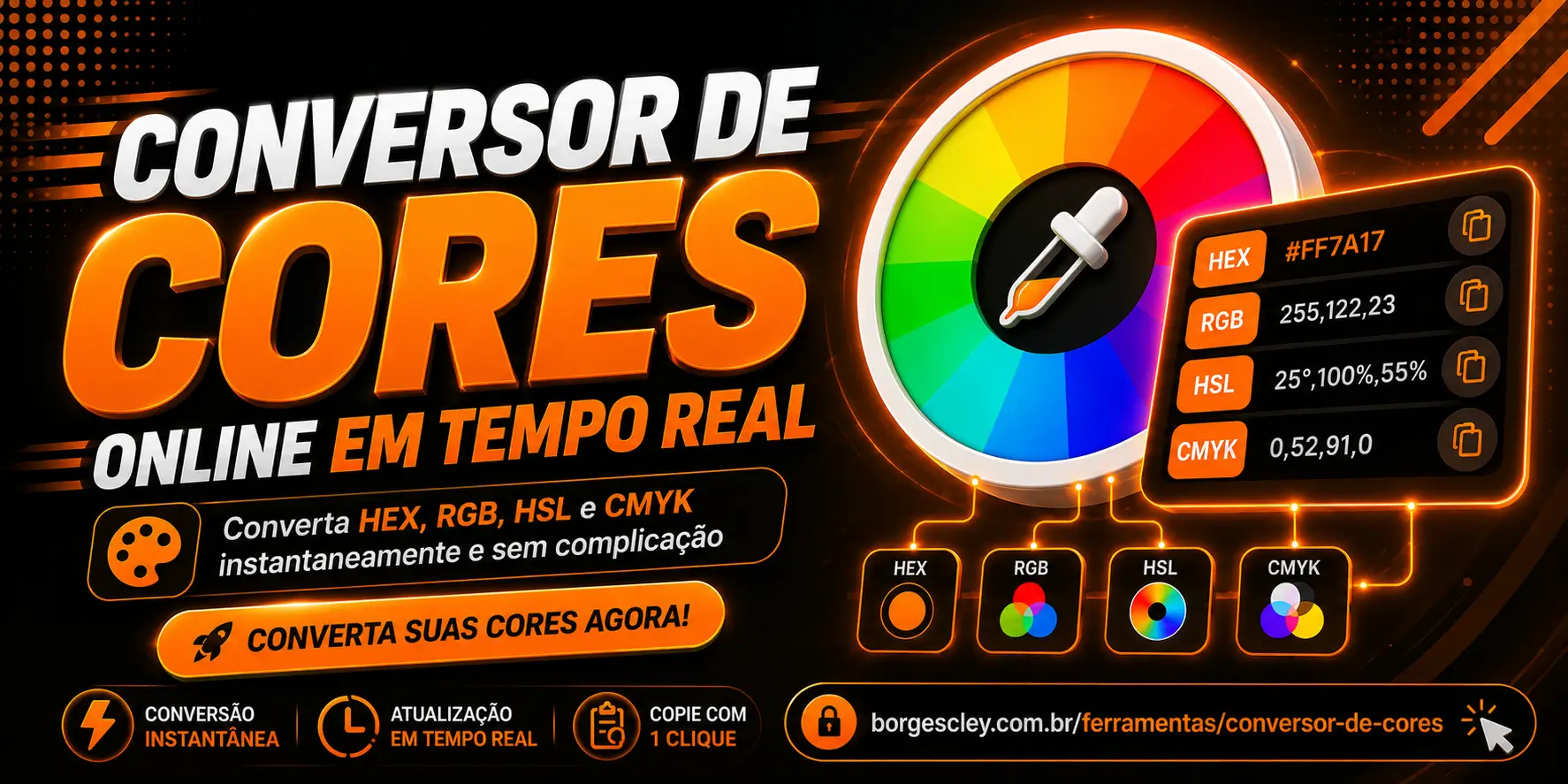 Interface do conversor de cores online com sliders de RGB, HSL e opacidade e paleta de tons