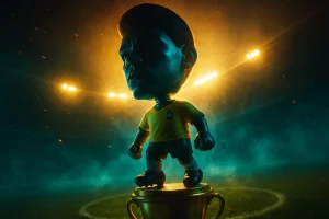 Bobblehead gigante da seleção brasileira em estádio noturno, luz dramática e confete, ângulo baixo com tilt