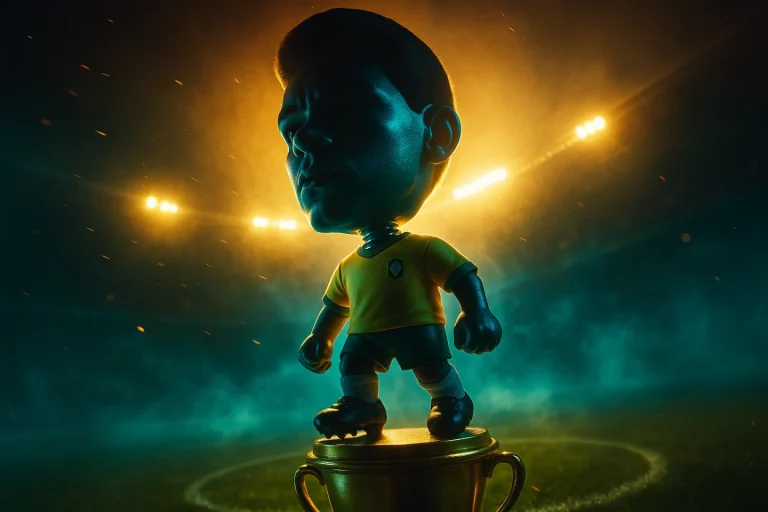 Bobblehead gigante da seleção brasileira em estádio noturno, luz dramática e confete, ângulo baixo com tilt