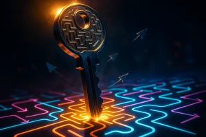 chave cromada gigante surgindo de um labirinto neon com luz dramática e névoa, vista em ângulo baixo